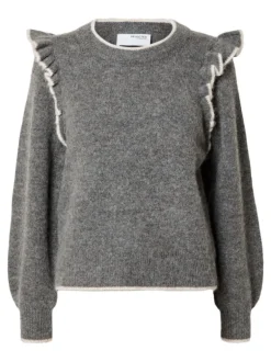 Alva Frills Ls Knit O-Neck Medium Grey Melange Birch