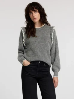 Alva Frills Ls Knit O-Neck Medium Grey Melange Birch