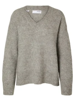 Alva Melange Ls Knit V-Neck Steel Gray Birch