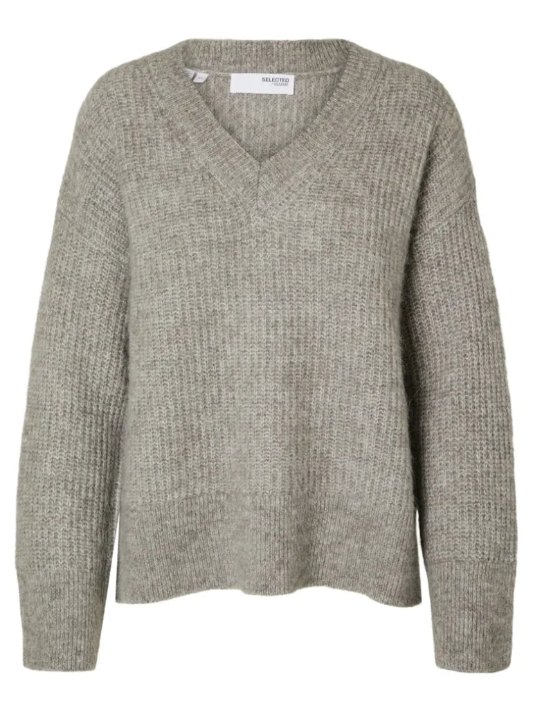 Alva Melange Ls Knit V-Neck Steel Gray Birch