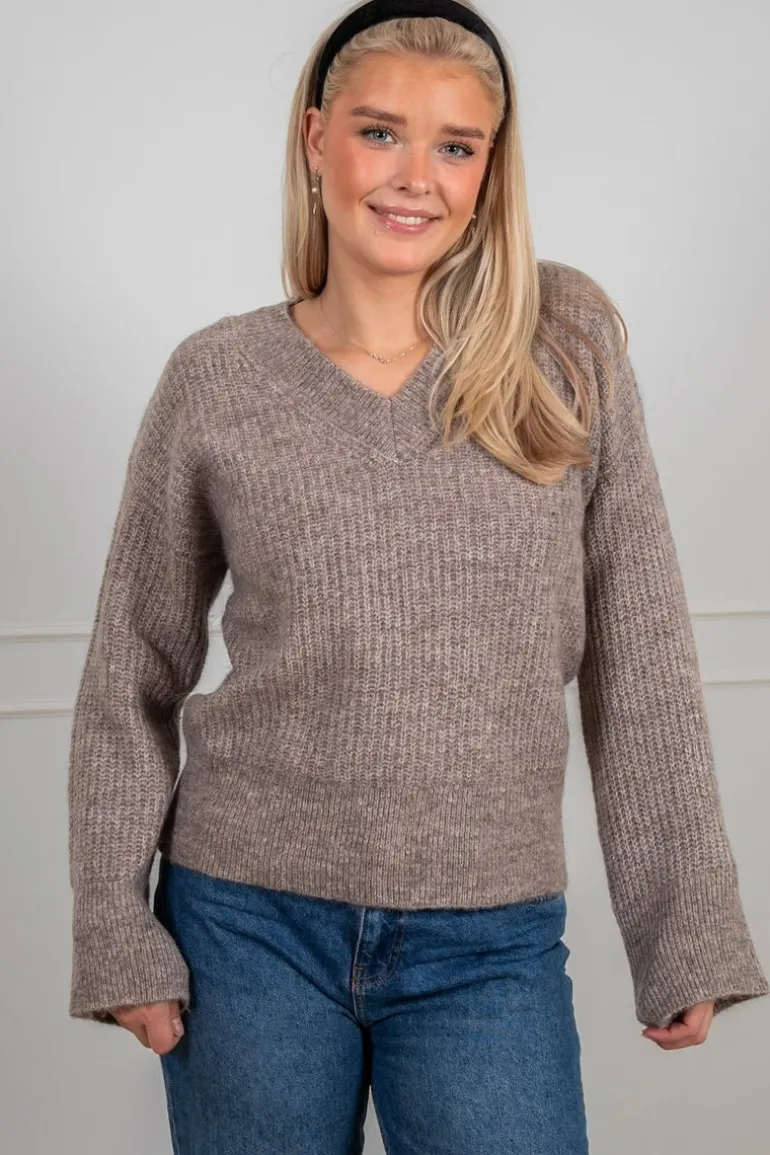 Alva Melange Ls Knit V-Neck Steel Gray Birch