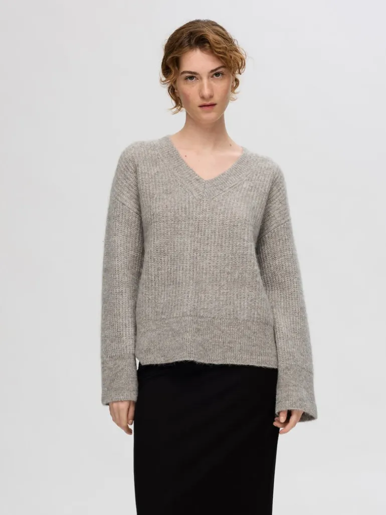 Alva Melange Ls Knit V-Neck Steel Gray Birch