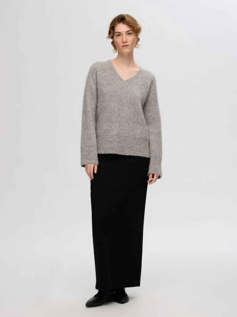 Alva Melange Ls Knit V-Neck Steel Gray Birch
