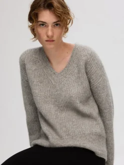 Alva Melange Ls Knit V-Neck Steel Gray Birch