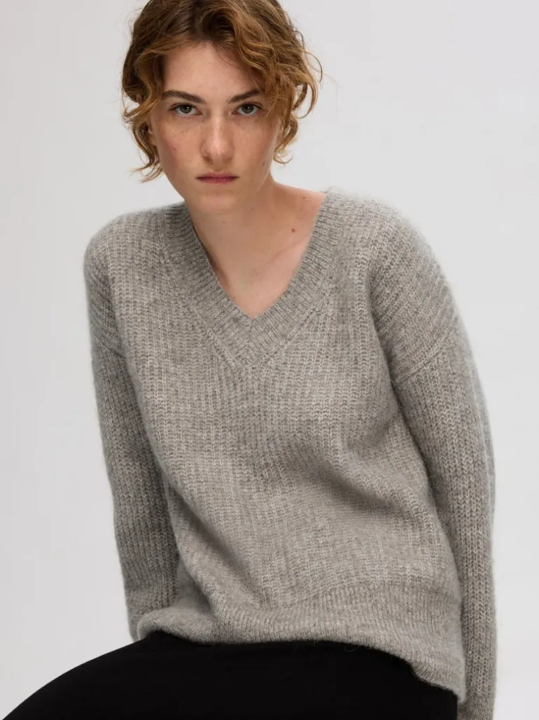 Alva Melange Ls Knit V-Neck Steel Gray Birch