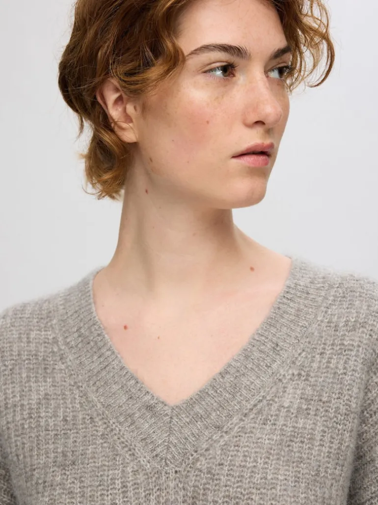 Alva Melange Ls Knit V-Neck Steel Gray Birch