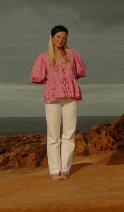 Boxy Bow Top Hot Pink Check