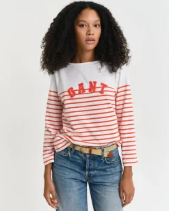 Breton Striped Boat Neck T-Shirt Orange Red