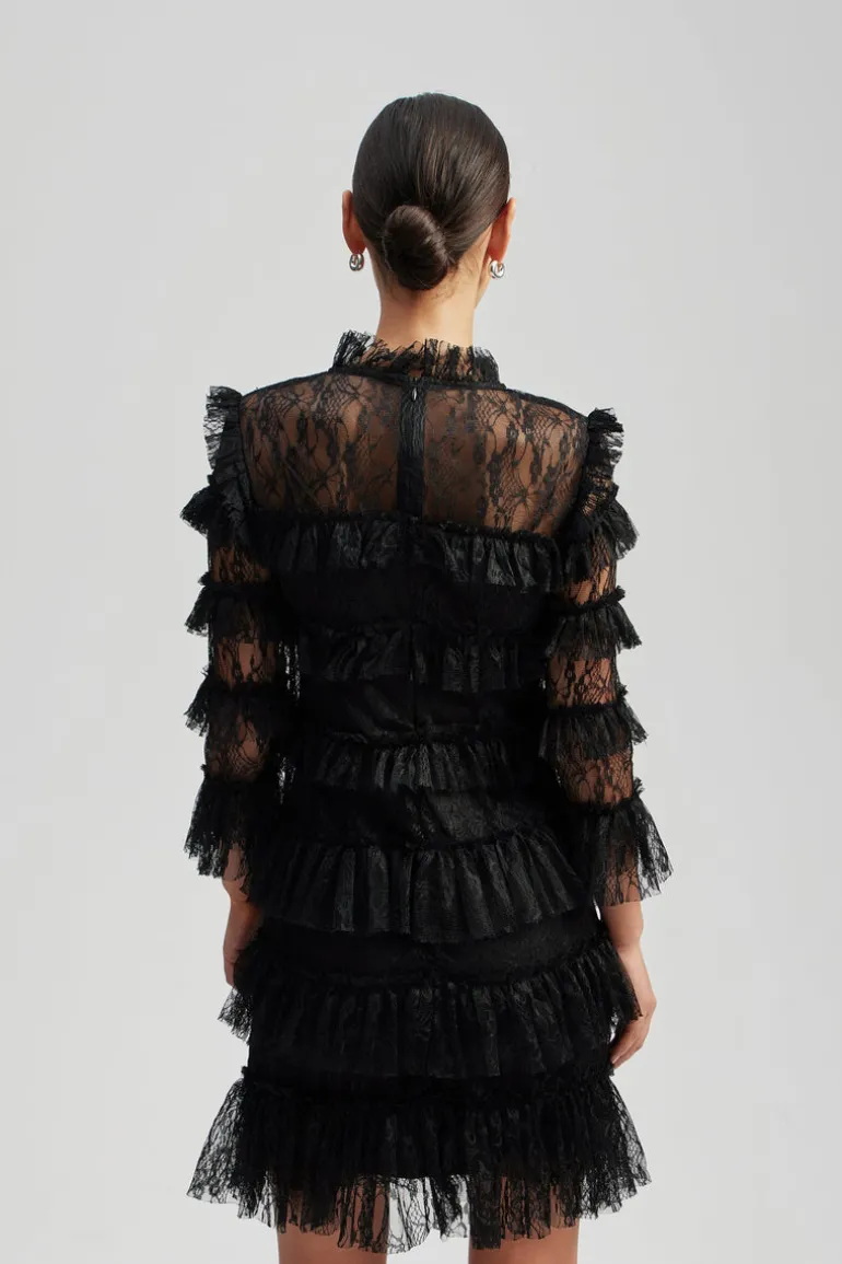 Carmine Frill Lace Mini Dress Black