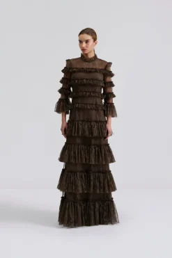 Carmine Long Sleeve Lace Maxi Dress Chocolate