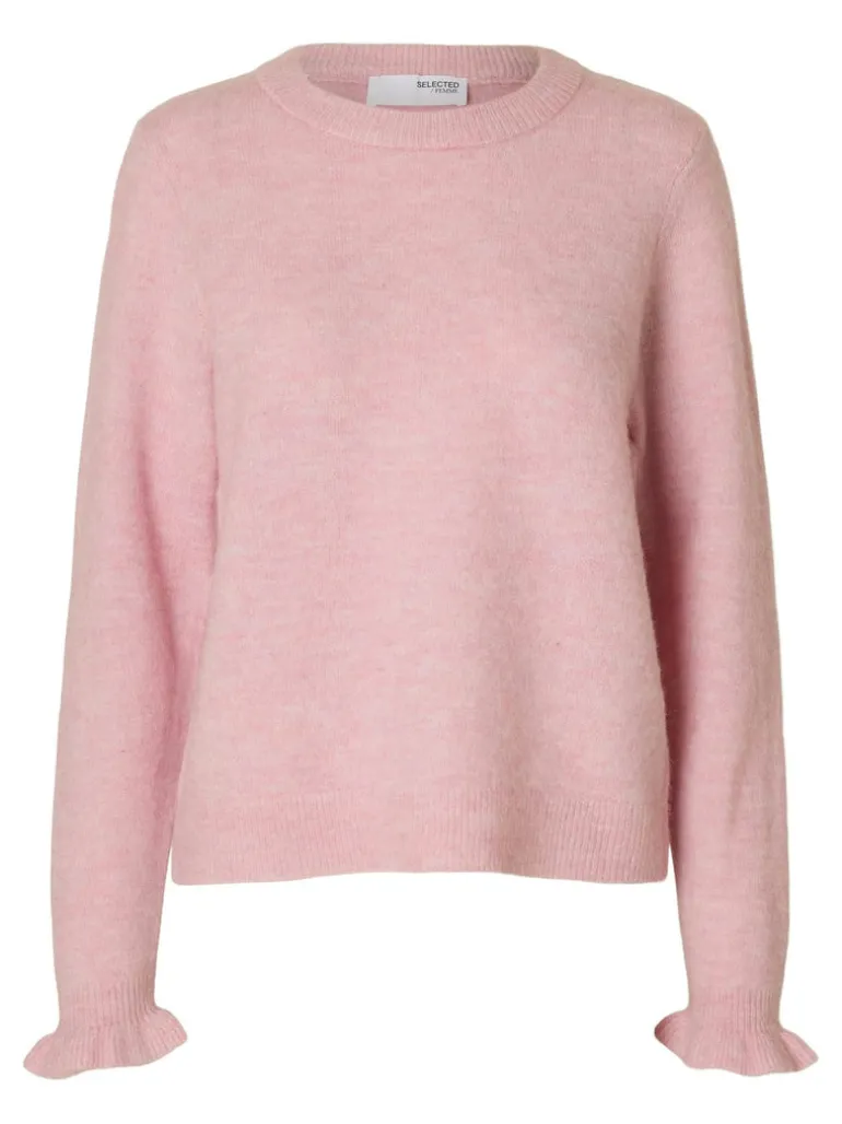Lulu Ls Knit Frill Cuff O-Neck Bleached Mauve Melange