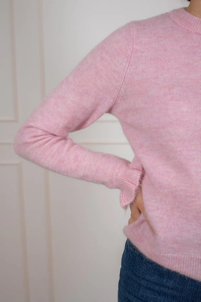 Lulu Ls Knit Frill Cuff O-Neck Bleached Mauve Melange