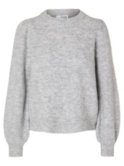 Lulu Ls Knit Rib O-Neck Light Grey Melange