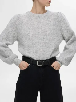 Lulu Ls Knit Rib O-Neck Light Grey Melange