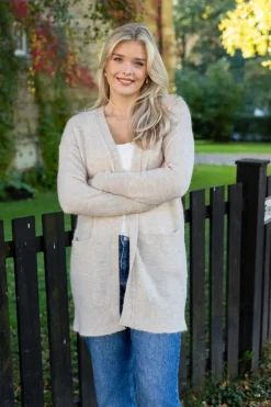 Lulu New Ls Knit Long Cardigan Birch Melange