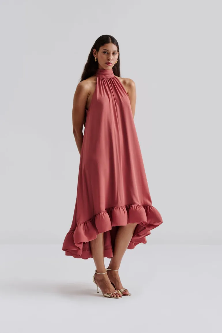 Sabrina Halterneck Ruffled Maxi Dress Terracotta