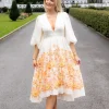 Sasia Deep V Neck Midi Dress Cream Peony