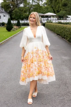 Sasia Deep V Neck Midi Dress Cream Peony