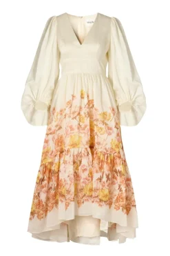 Sasia Deep V Neck Midi Dress Cream Peony