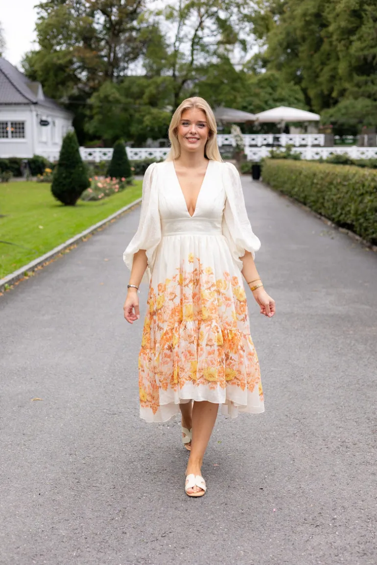 Sasia Deep V Neck Midi Dress Cream Peony