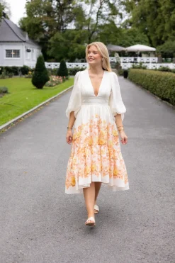 Sasia Deep V Neck Midi Dress Cream Peony
