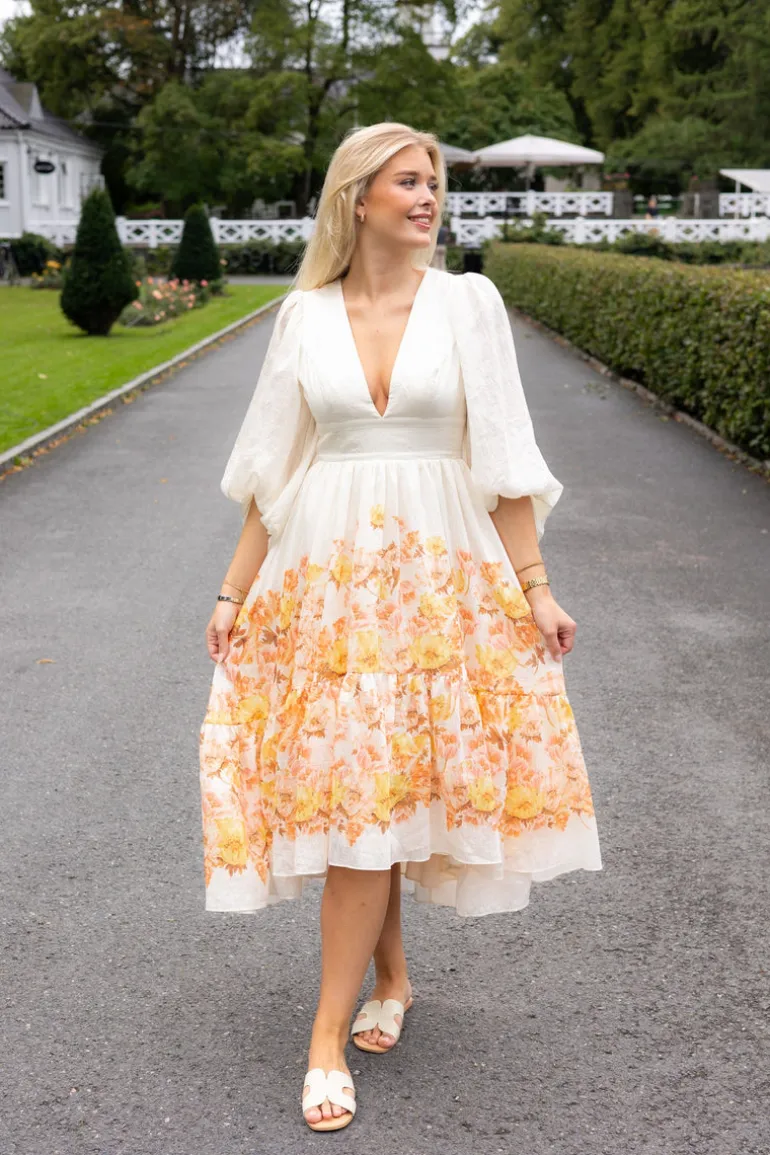 Sasia Deep V Neck Midi Dress Cream Peony