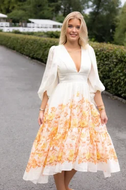 Sasia Deep V Neck Midi Dress Cream Peony