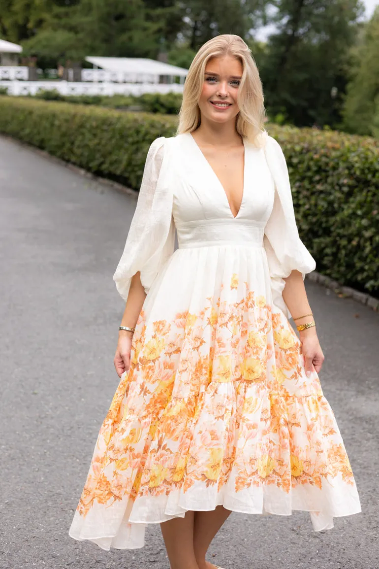Sasia Deep V Neck Midi Dress Cream Peony
