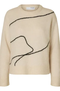 Sia Ras Ls Knit Artwork O-Neck Birch Black