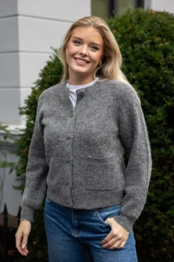Sia Ras Ls Knit Pocket Cardigan Medium Grey Melange