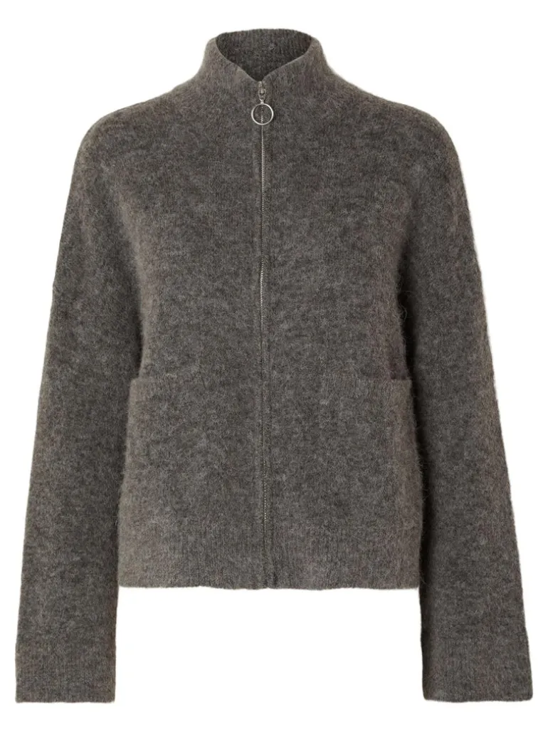 Sia Ras Ls Knit Zipper Cardigan Medium Grey Melange