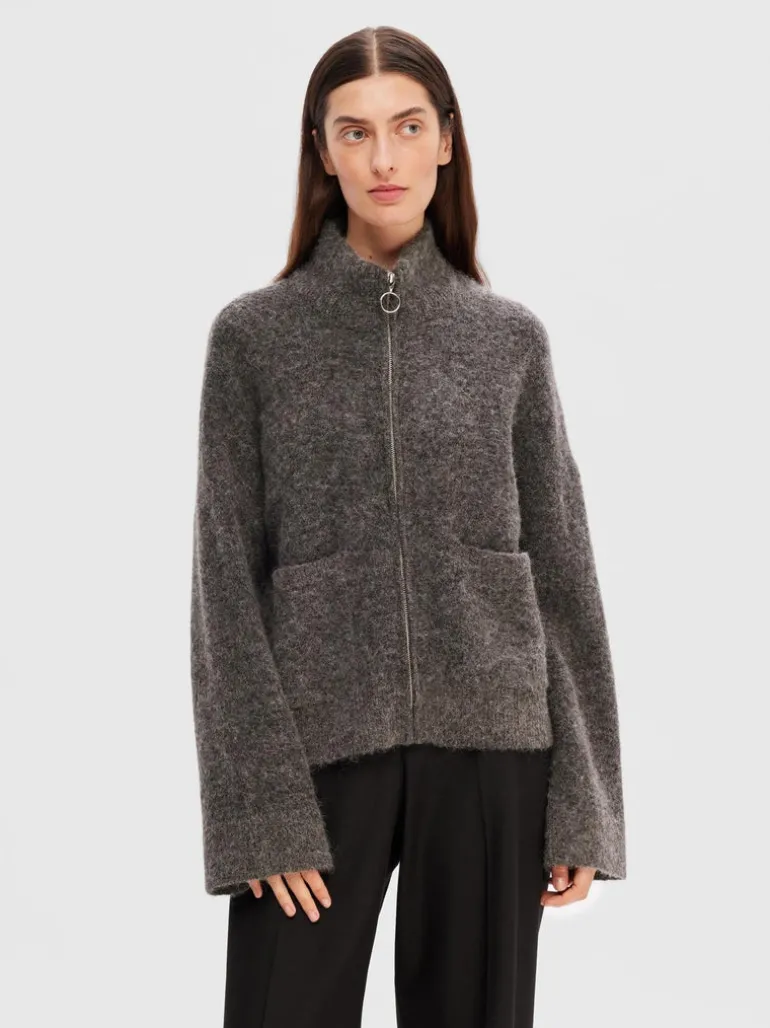 Sia Ras Ls Knit Zipper Cardigan Medium Grey Melange