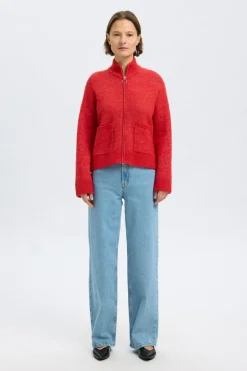 Sia Ras Ls Knit Zipper Cardigan Flame Scarlet Melange
