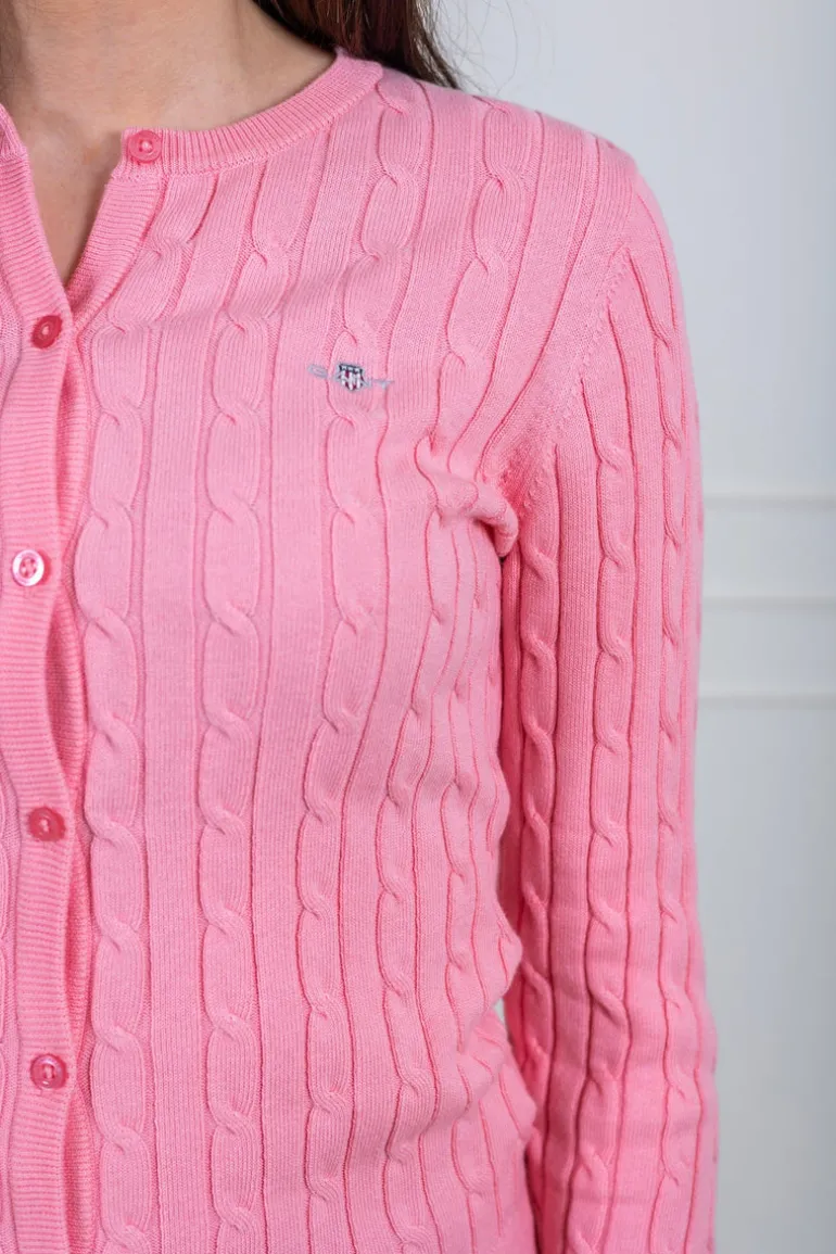 Stretch Cotton Cable Knit Cardigan Geranium Pink